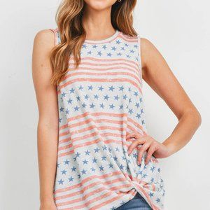TWIST FRONT USA FLAG TANK TOP- IVORY/CORAL
